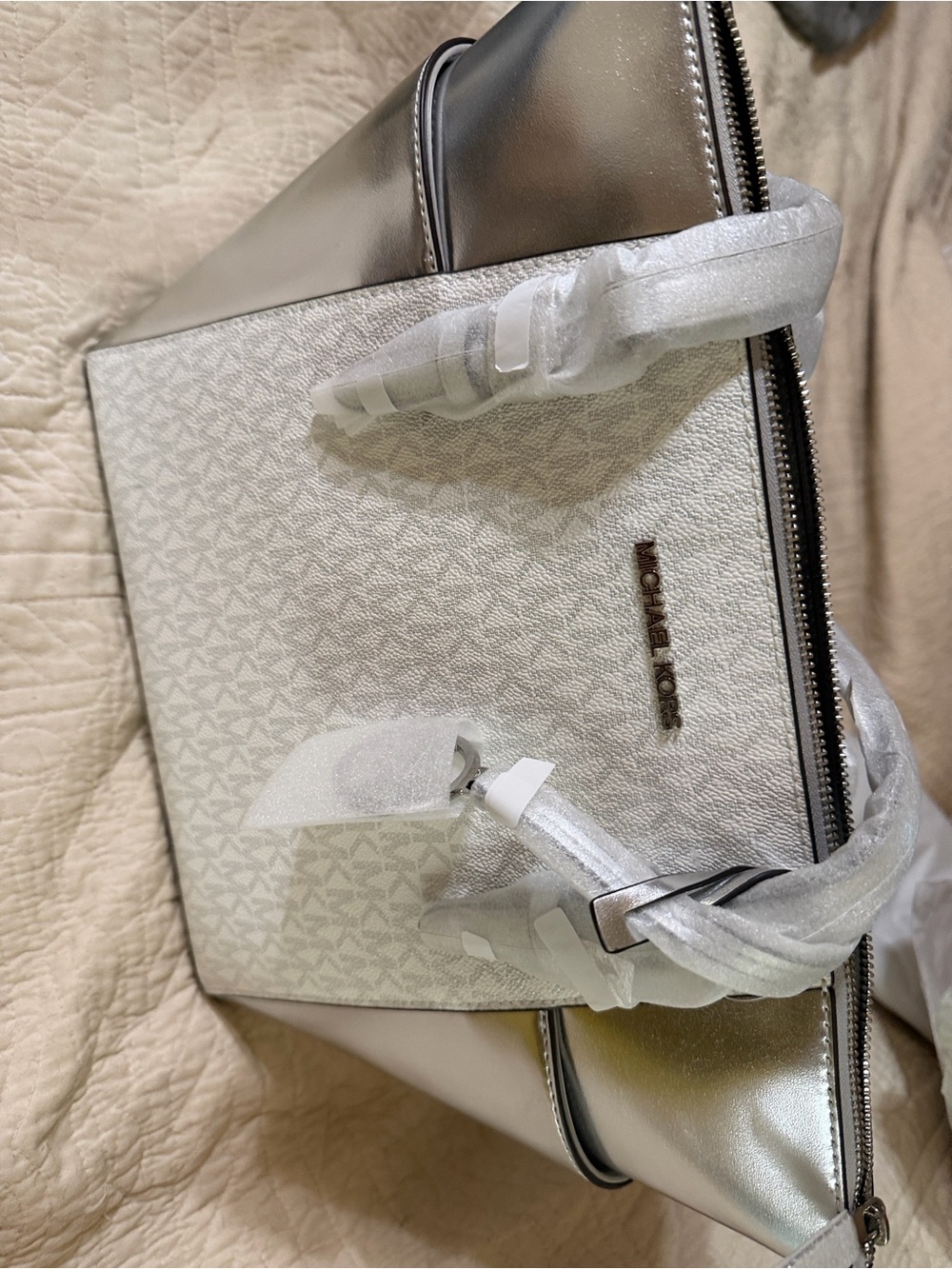 Michael Kors Charlotte White and Silver Signature Tote